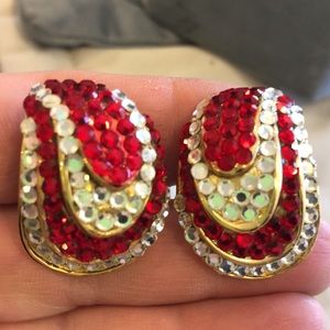 Austrian Crystal Vintage Red & Clear Shell Style Clip On Earrings-Boutique
